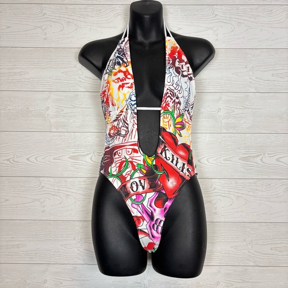 Ed Hardy Multicolor Tattoo Print One Piece Swimsuit - Picture 1 of 12